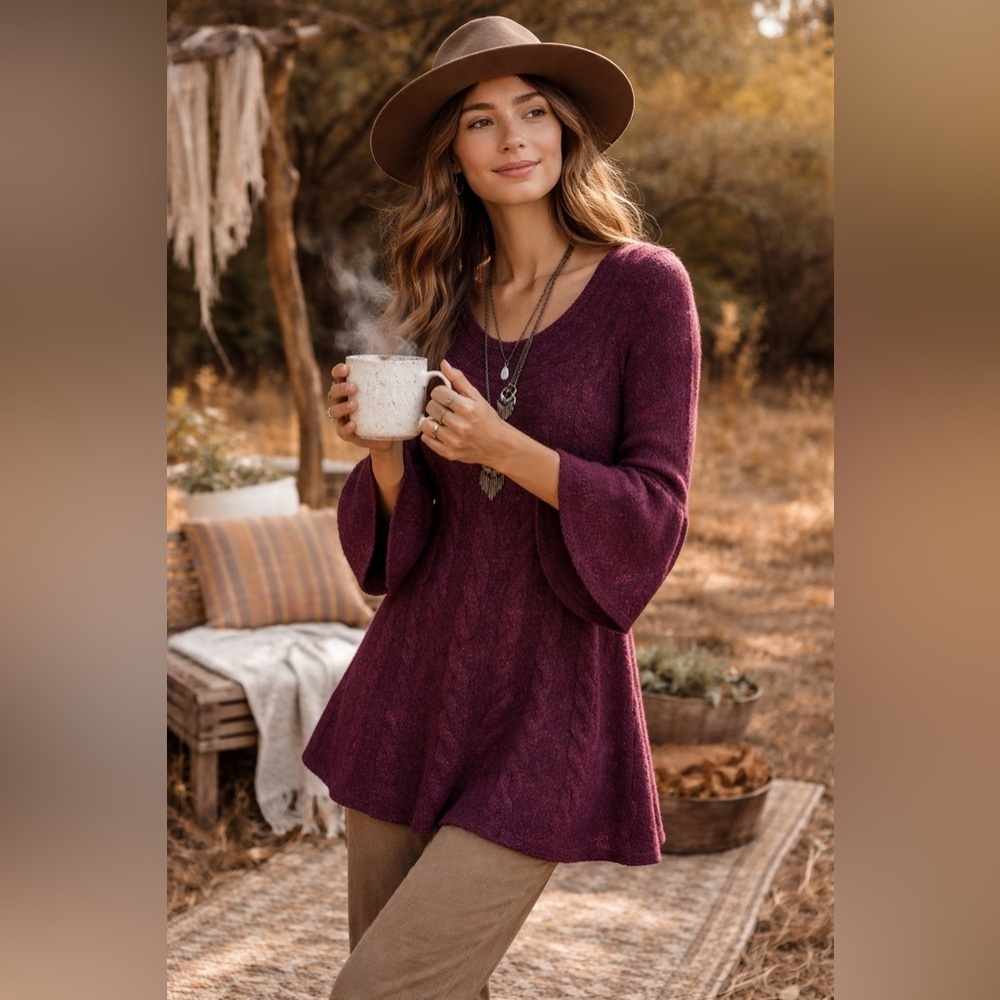 Free People Women Size XS Purple Cable Knit 3/4 Bell Sleeve Tunic Sweater Dress